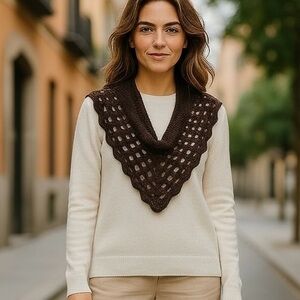 Scarf Triangle Cowl Shawl Hand Crafted Brown Gold Glitter Crochet Overlay